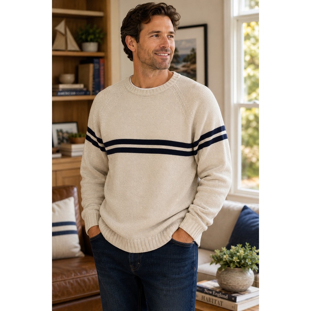 Old‎ Navy Vintage Mens XL Beige Navy Blue Striped Raglan Crew Made in Hong Kong